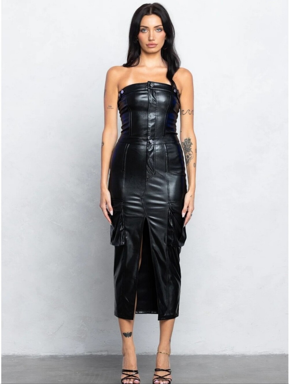 EDGE by K.S. Black Faux Leather Cargo Tube Midi Dress Size Small